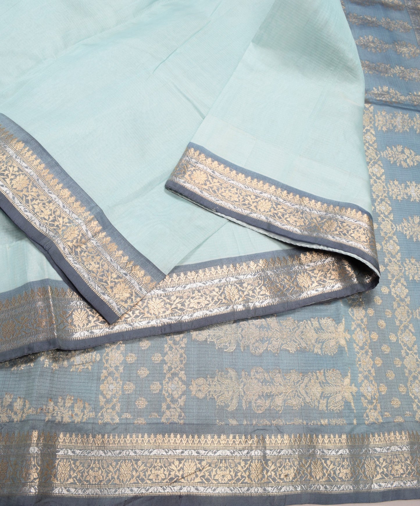 Sushila Vintage Blue Gray Saree Silver Gold Zari Woven Pure Organza Sari Fabric