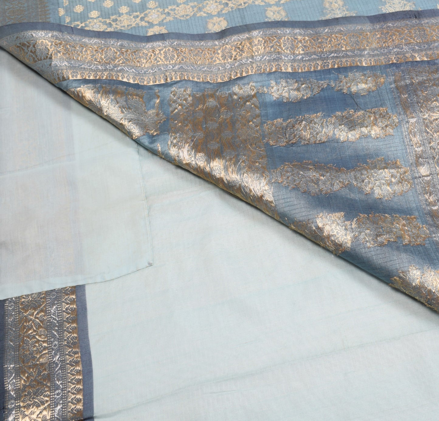Sushila Vintage Blue Gray Saree Silver Gold Zari Woven Pure Organza Sari Fabric