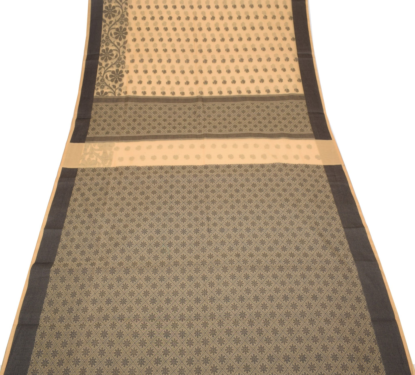 Sushila Vintage Beige Floral Saree Pure Cotton Silk Woven 6YD Sari Blouse Fabric