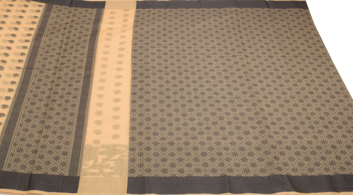 Sushila Vintage Beige Floral Saree Pure Cotton Silk Woven 6YD Sari Blouse Fabric