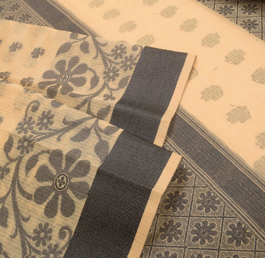 Sushila Vintage Beige Floral Saree Pure Cotton Silk Woven 6YD Sari Blouse Fabric