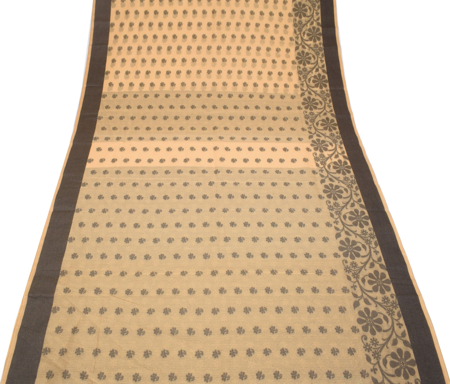 Sushila Vintage Beige Floral Saree Pure Cotton Silk Woven 6YD Sari Blouse Fabric