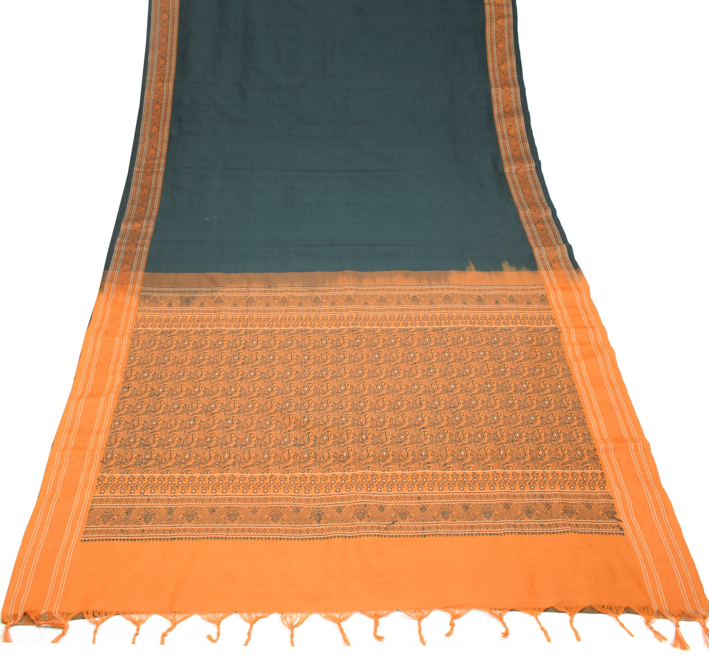 Sushila Vintage Dark Green Saree Hand Woven Pure Cotton Silk Sari Craft Fabric