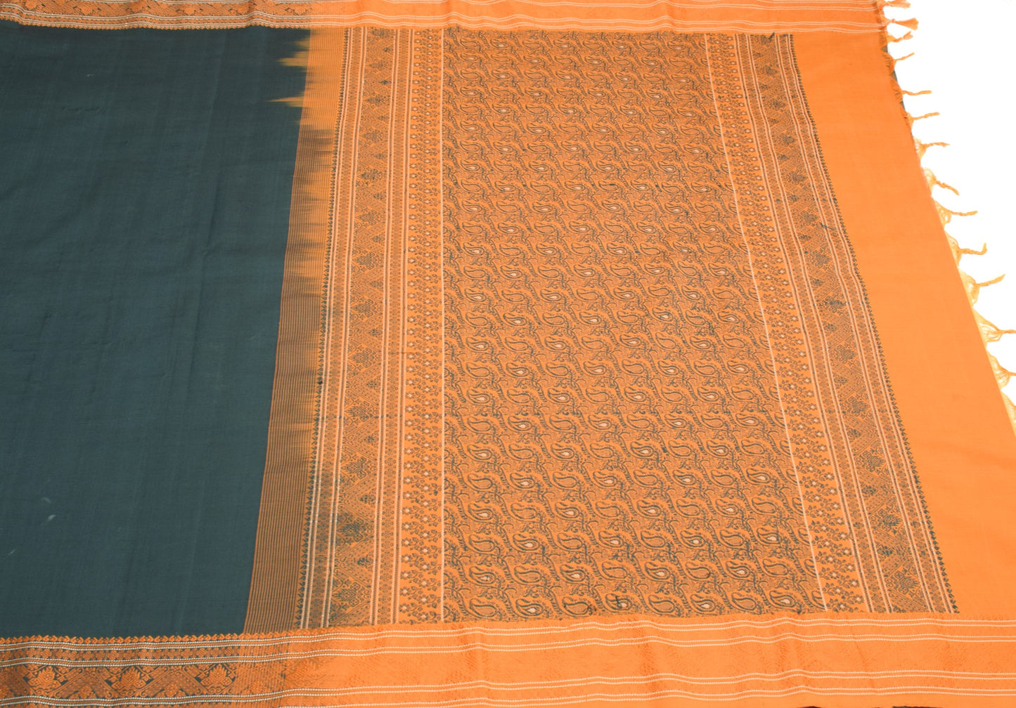 Sushila Vintage Dark Green Saree Hand Woven Pure Cotton Silk Sari Craft Fabric