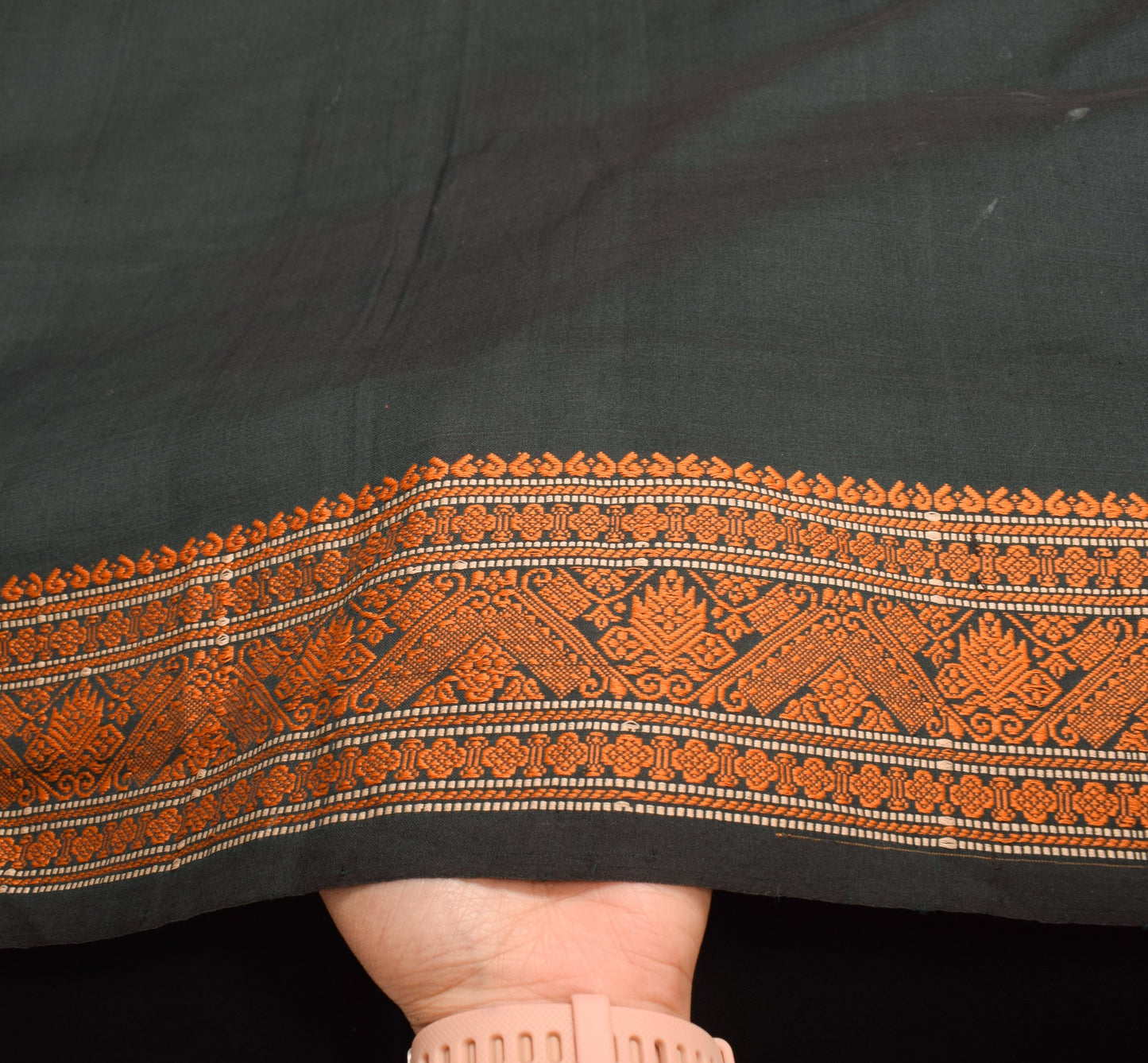 Sushila Vintage Dark Green Saree Hand Woven Pure Cotton Silk Sari Craft Fabric