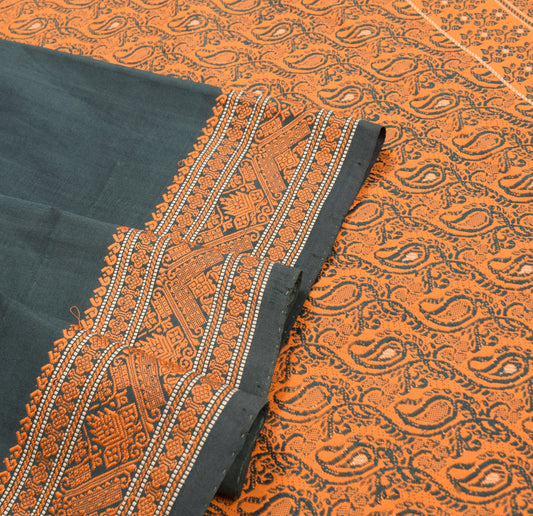 Sushila Vintage Dark Green Saree Hand Woven Pure Cotton Silk Sari Craft Fabric