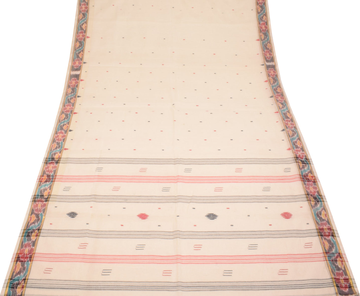 Sushila Vintage Bengal Tant Woven Saree with Ikat Border Pure Cotton Cream Sari