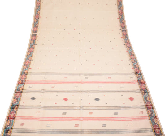 Sushila Vintage Bengal Tant Woven Saree with Ikat Border Pure Cotton Cream Sari