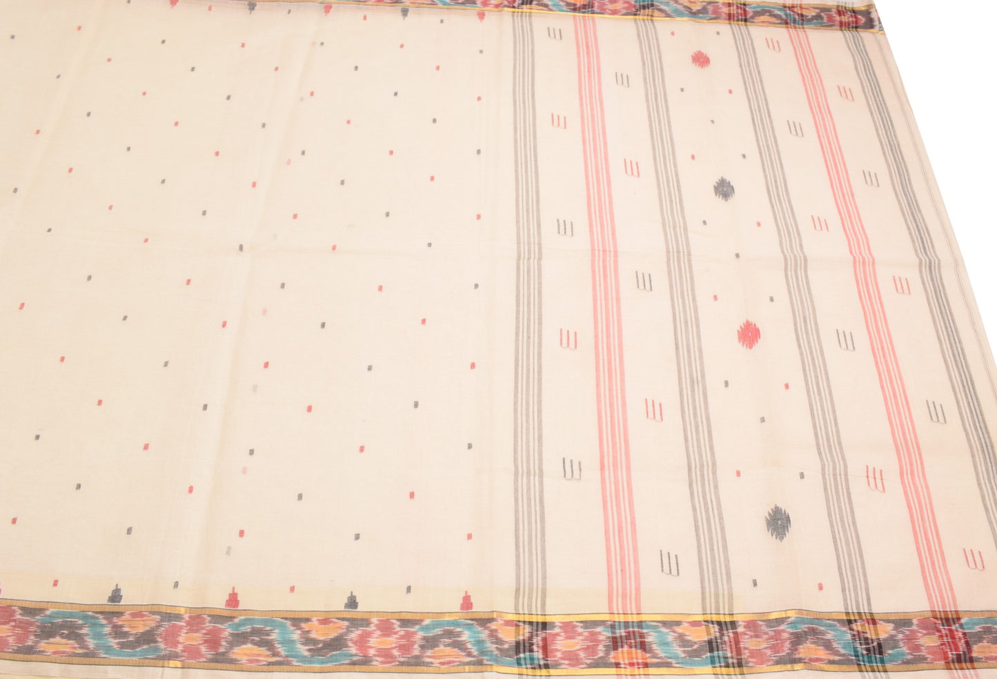 Sushila Vintage Bengal Tant Woven Saree with Ikat Border Pure Cotton Cream Sari