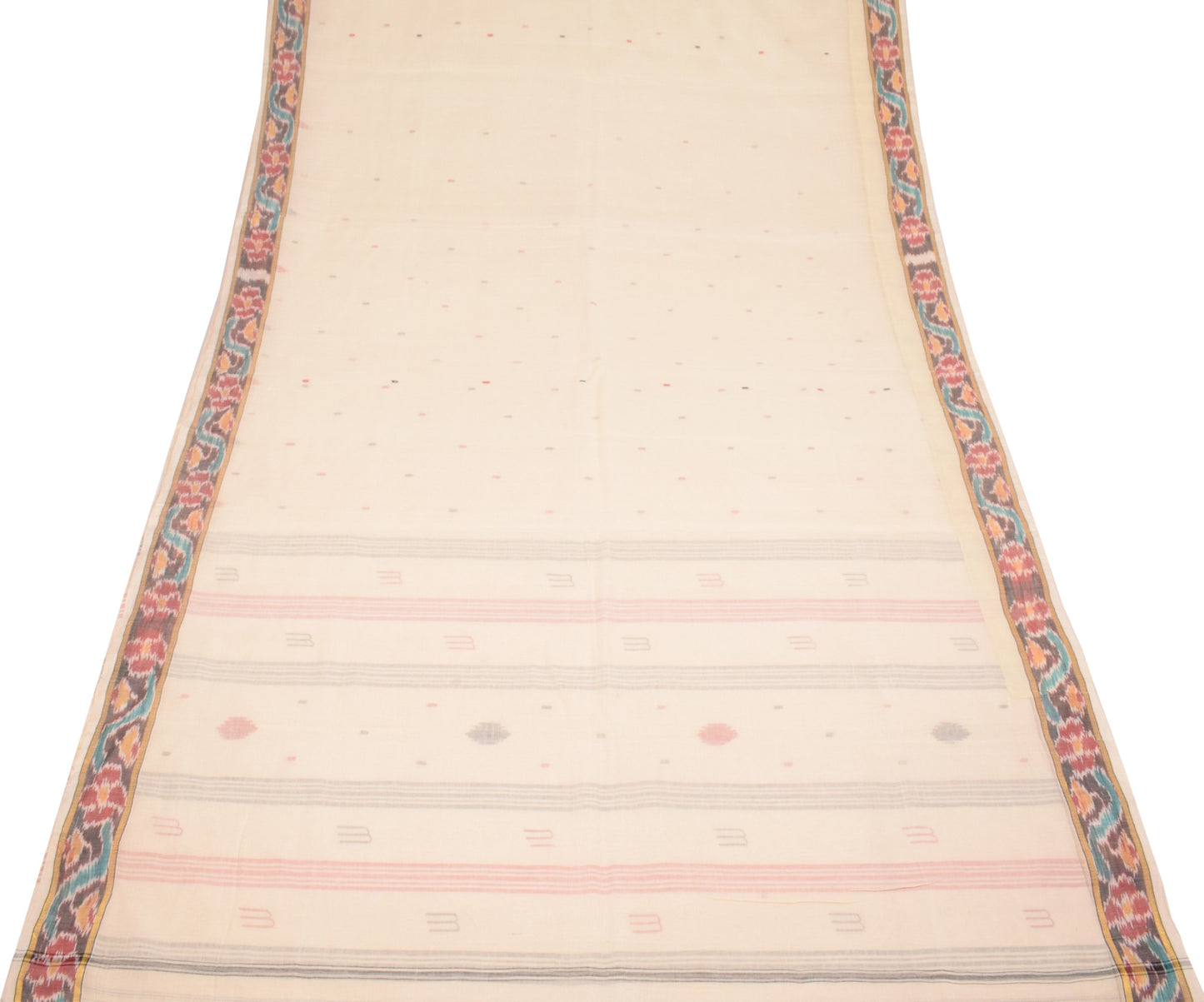 Sushila Vintage Bengal Tant Woven Saree with Ikat Border Pure Cotton Cream Sari