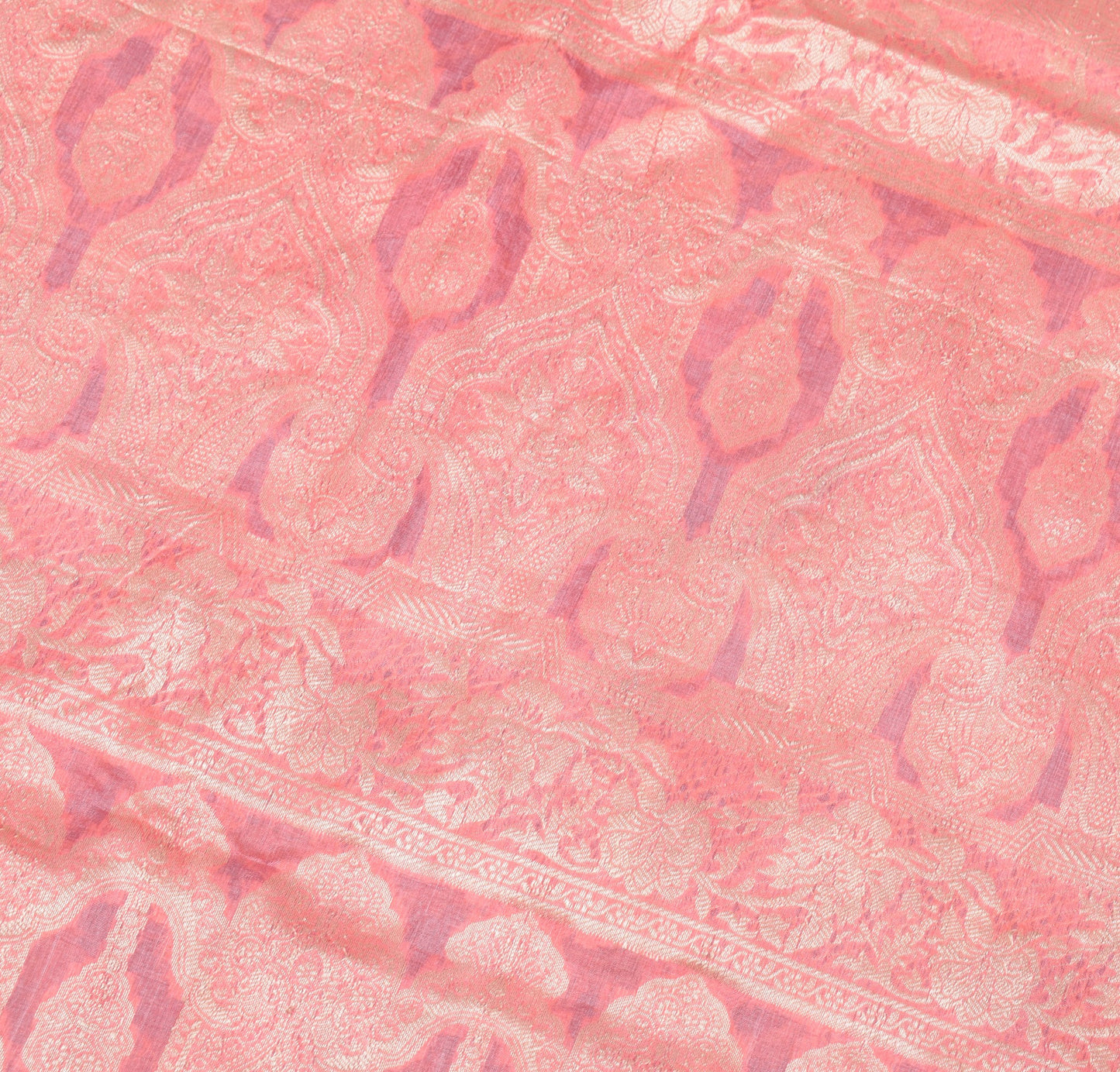 Sushila Vintage Gray Saree Pink Border Pallu Woven Pure Tussar Silk Sari Fabric