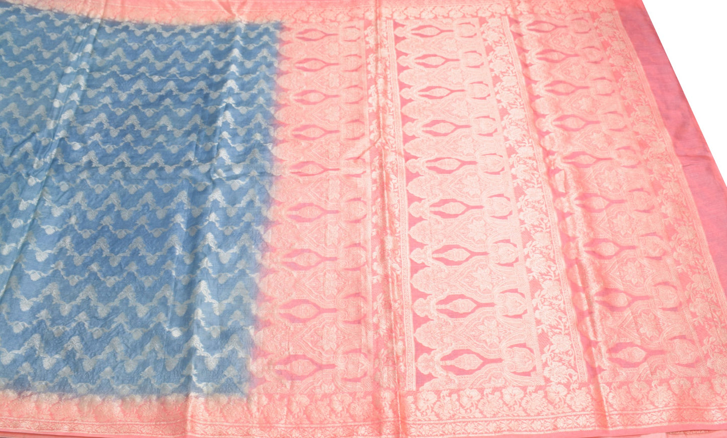Sushila Vintage Gray Saree Pink Border Pallu Woven Pure Tussar Silk Sari Fabric
