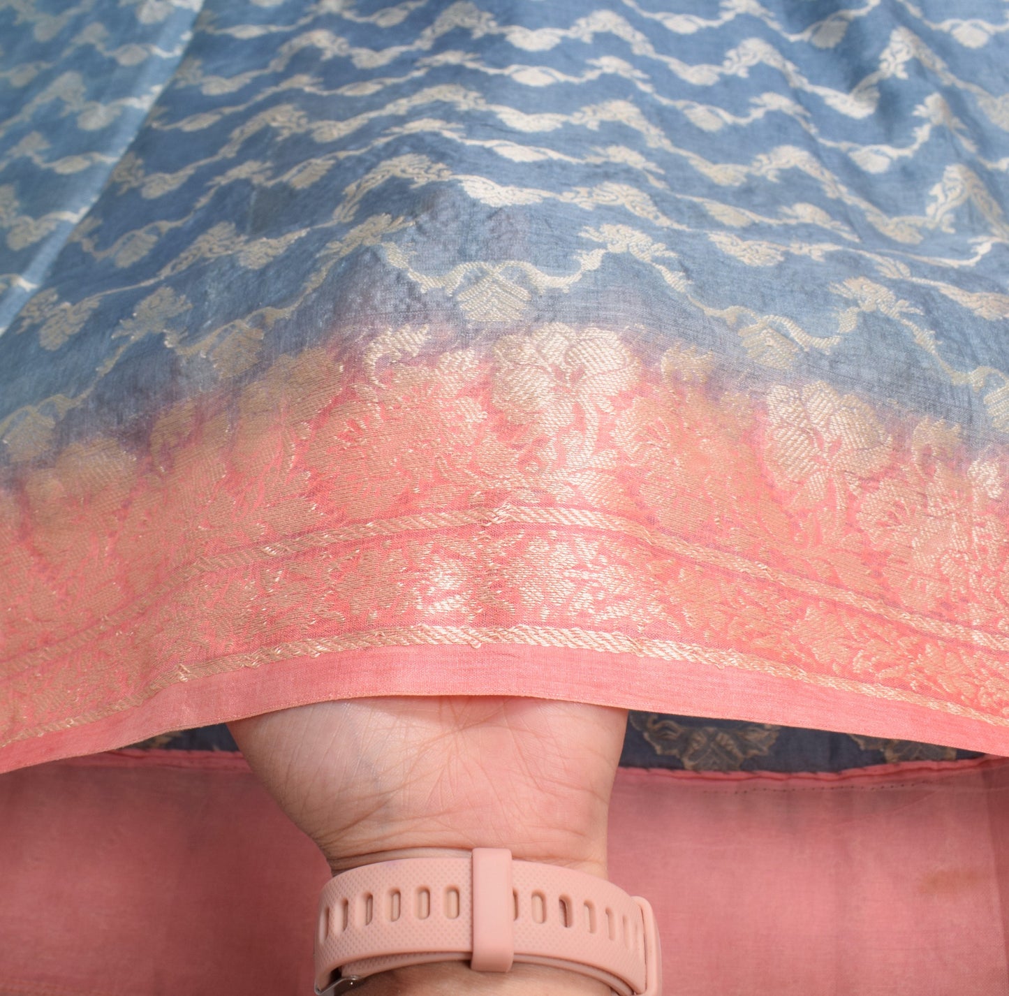 Sushila Vintage Gray Saree Pink Border Pallu Woven Pure Tussar Silk Sari Fabric