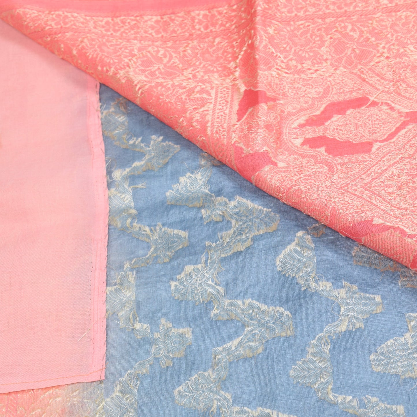 Sushila Vintage Gray Saree Pink Border Pallu Woven Pure Tussar Silk Sari Fabric