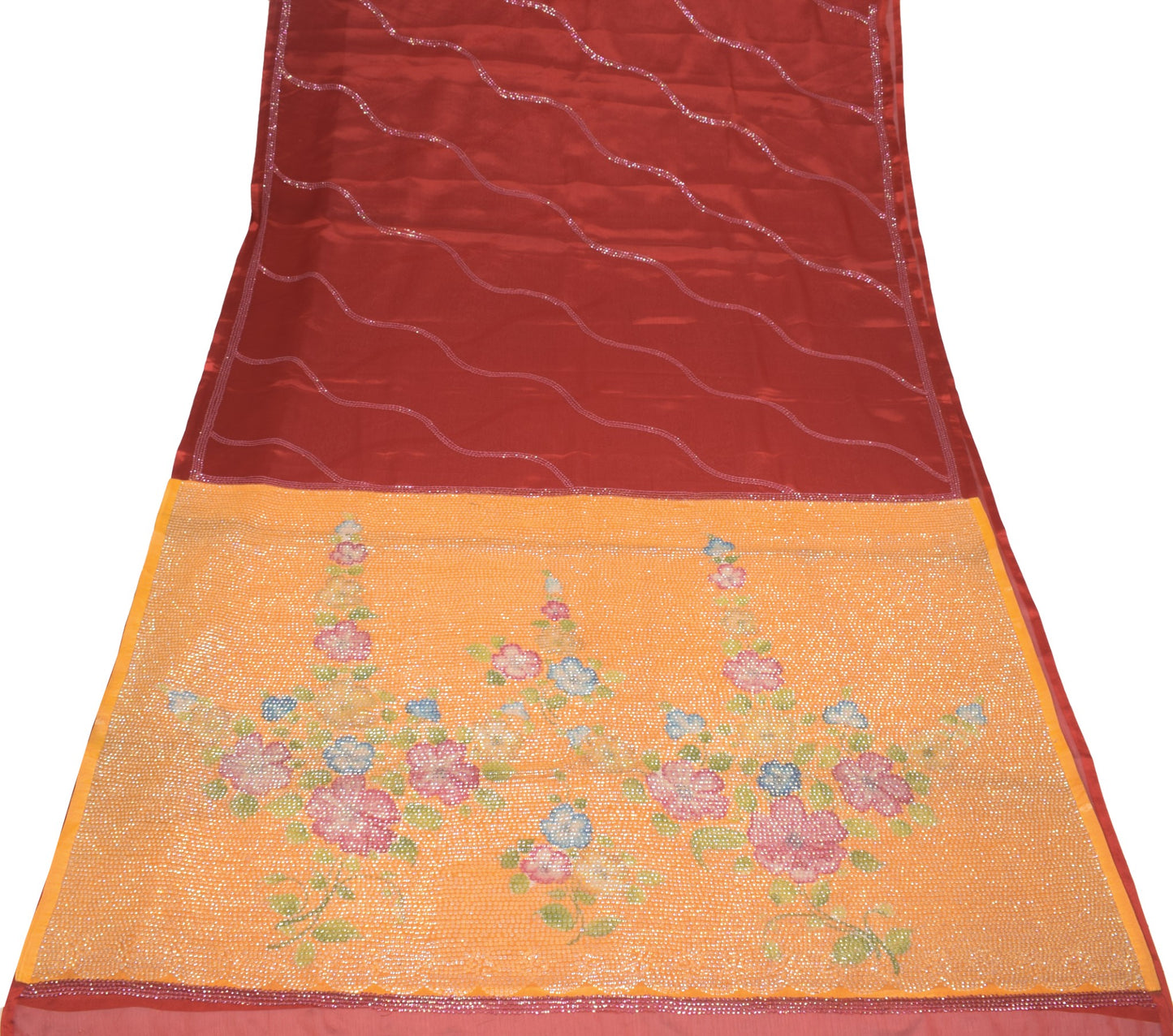 Sushila Vintage Red Art Silk Saree Sequin Embellish Orange Pallu Sari Fabric