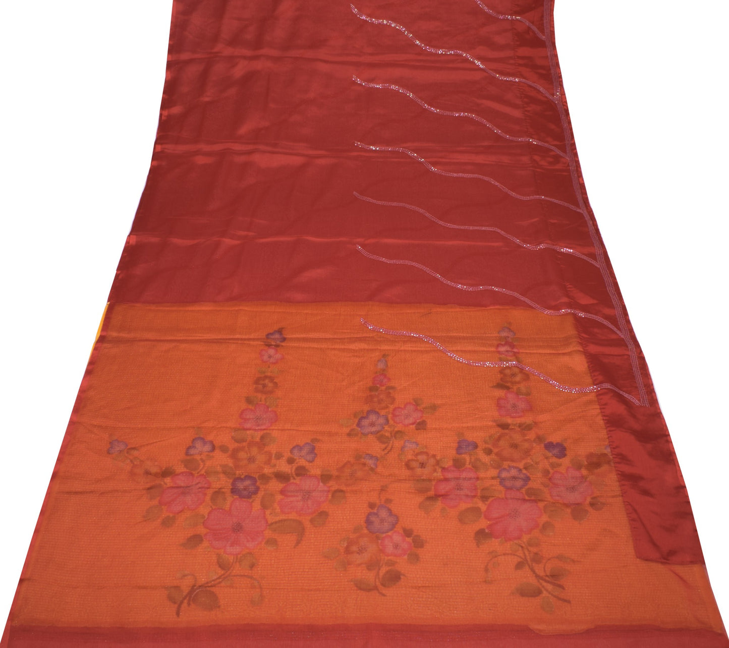 Sushila Vintage Red Art Silk Saree Sequin Embellish Orange Pallu Sari Fabric