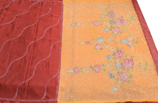 Sushila Vintage Red Art Silk Saree Sequin Embellish Orange Pallu Sari Fabric