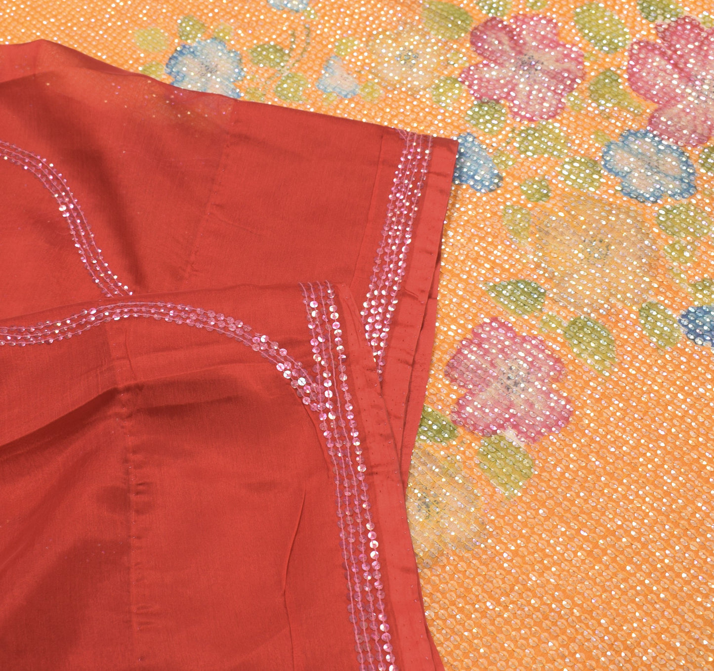 Sushila Vintage Red Art Silk Saree Sequin Embellish Orange Pallu Sari Fabric
