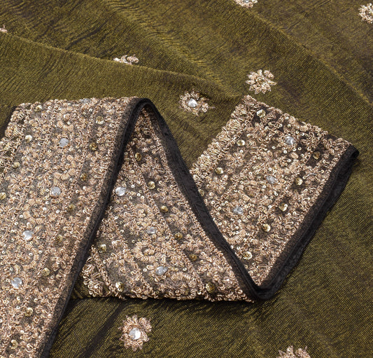 Sushila Vintage Pure Tissue Crush Saree Black HEAVY Zardozi Work 5YD Sari Fabric