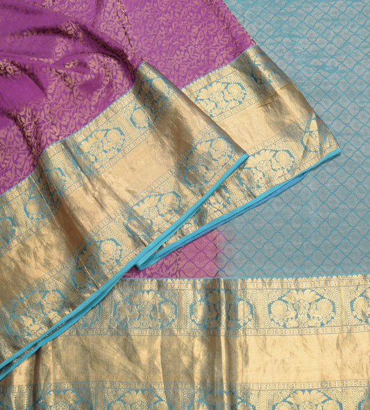 Sushila Vintage Purple kanjivaram Saree Pure Silk Zari Woven HEAVY Sari Fabric