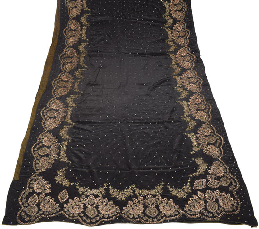 Sushila Vintage HEAVY Black Saree Pure Crepe Silk HandBeaded Zardozi Sari Fabric