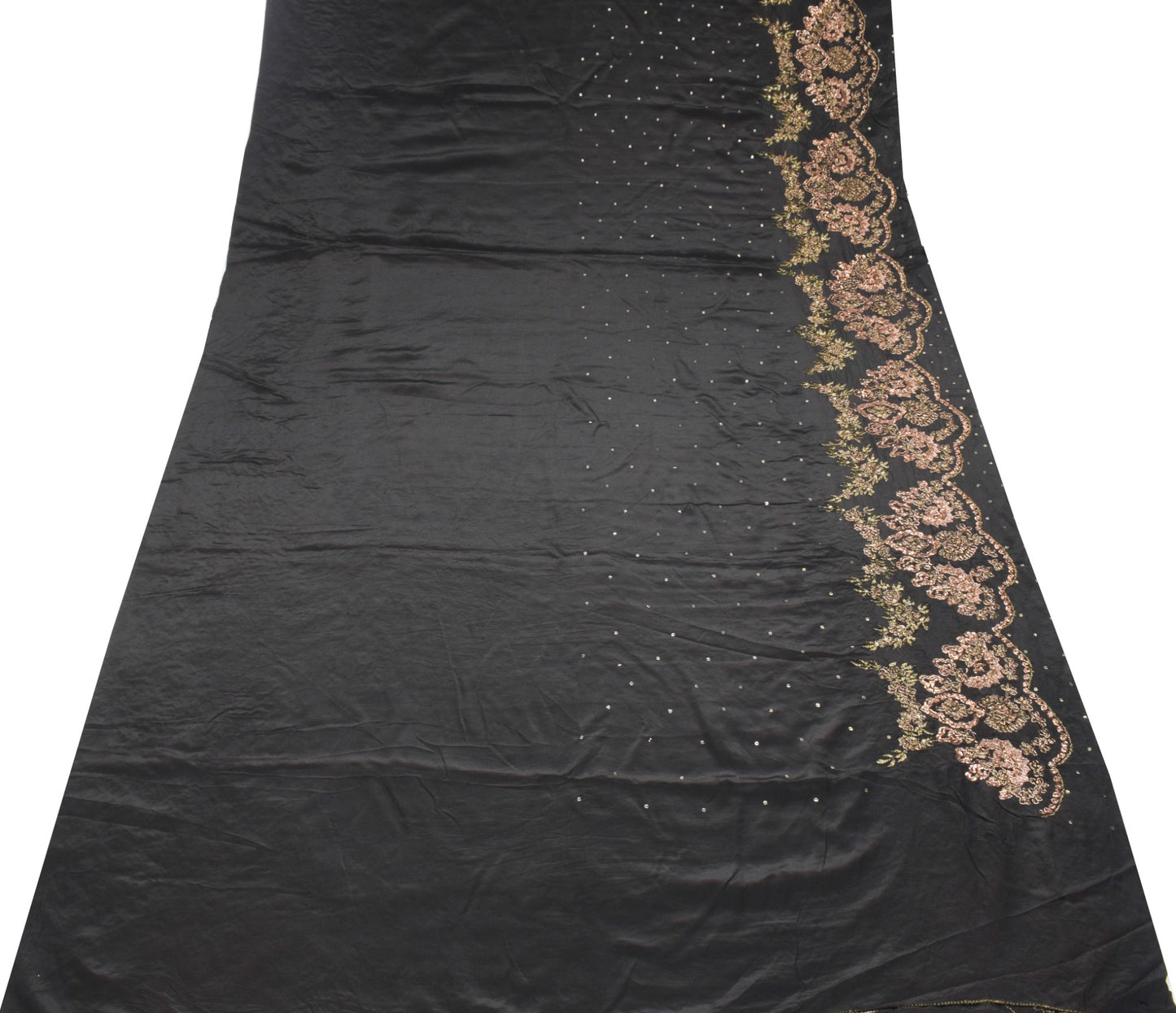 Sushila Vintage HEAVY Black Saree Pure Crepe Silk HandBeaded Zardozi Sari Fabric