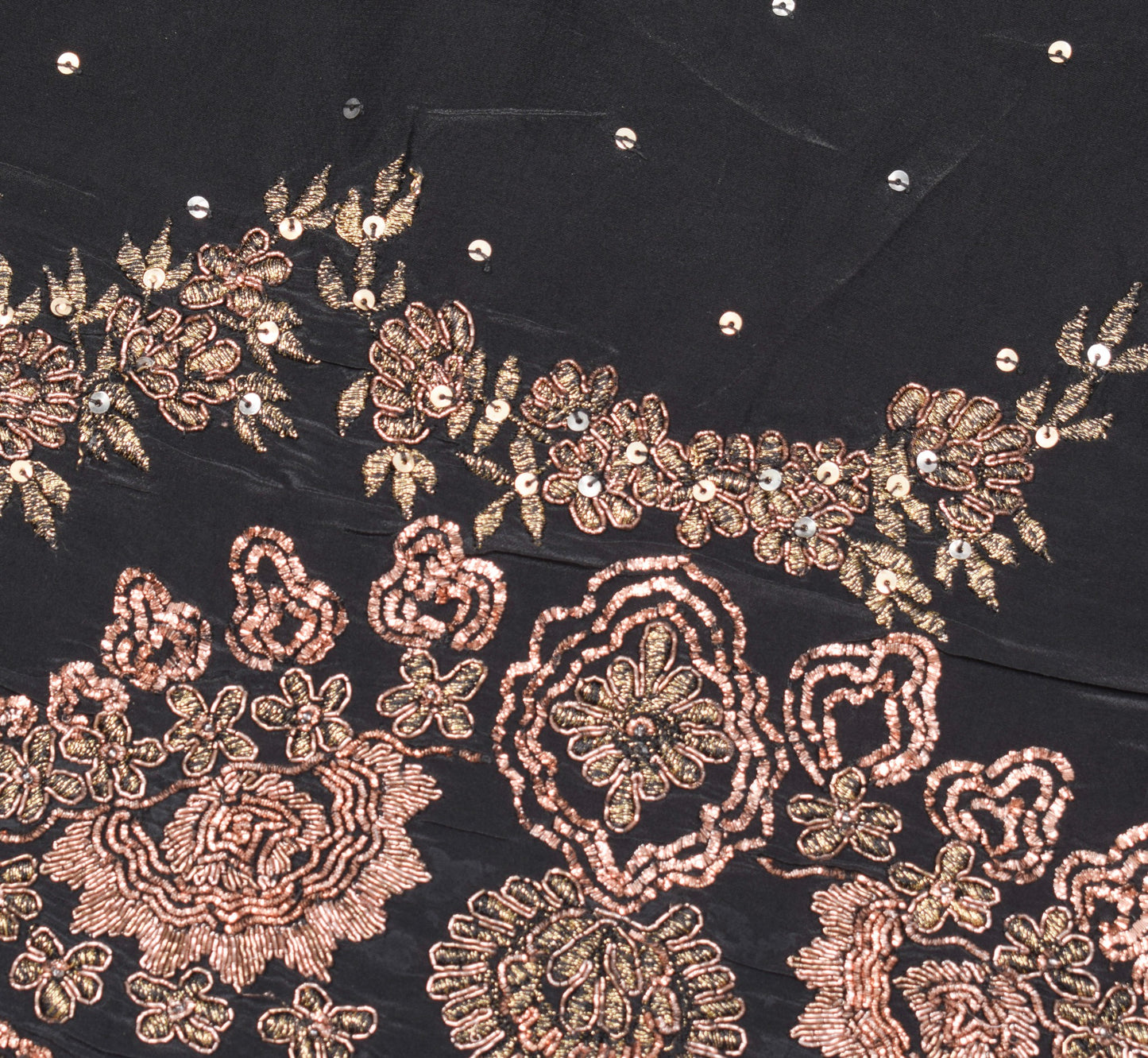 Sushila Vintage HEAVY Black Saree Pure Crepe Silk HandBeaded Zardozi Sari Fabric
