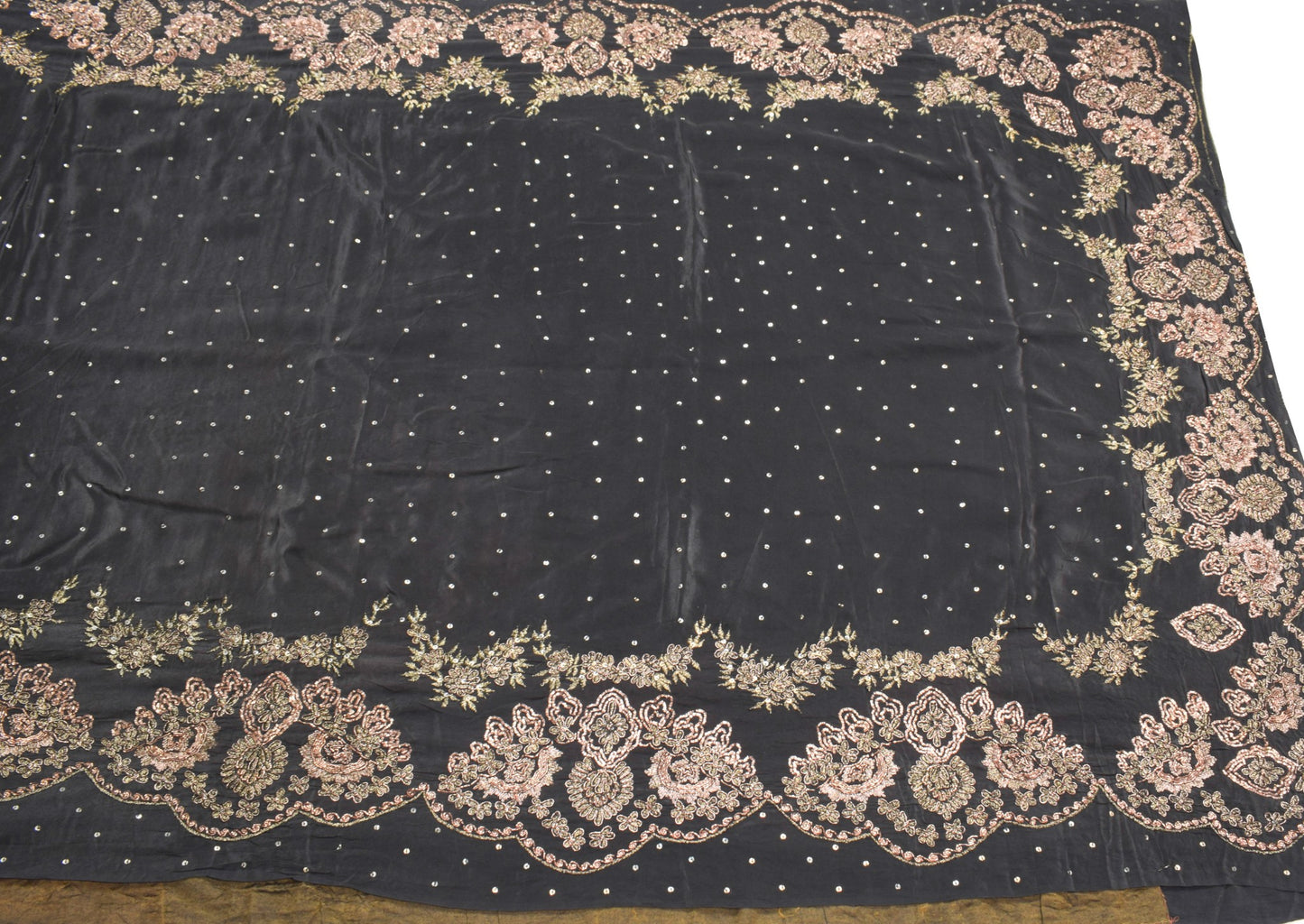 Sushila Vintage HEAVY Black Saree Pure Crepe Silk HandBeaded Zardozi Sari Fabric
