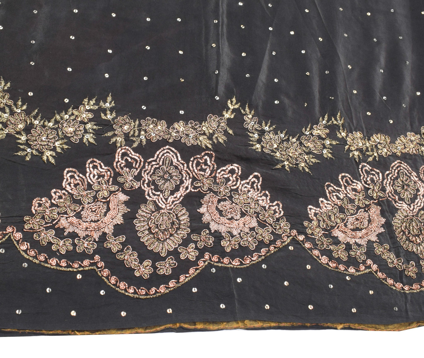 Sushila Vintage HEAVY Black Saree Pure Crepe Silk HandBeaded Zardozi Sari Fabric