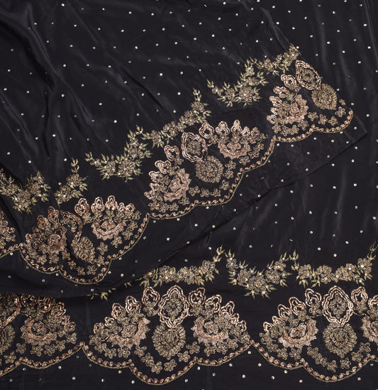 Sushila Vintage HEAVY Black Saree Pure Crepe Silk HandBeaded Zardozi Sari Fabric