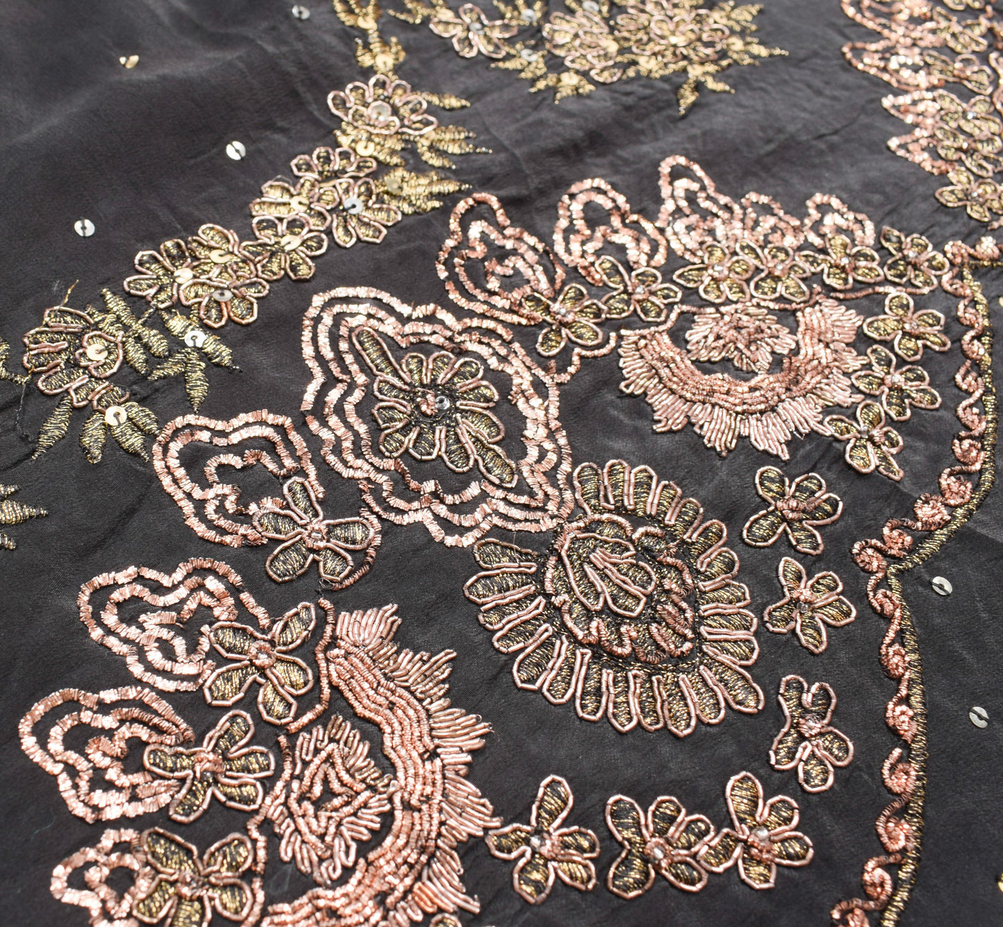 Sushila Vintage HEAVY Black Saree Pure Crepe Silk HandBeaded Zardozi Sari Fabric
