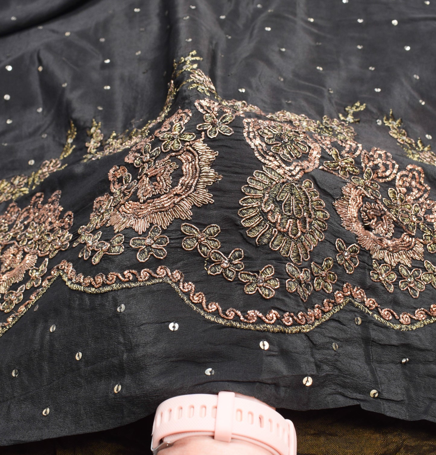 Sushila Vintage HEAVY Black Saree Pure Crepe Silk HandBeaded Zardozi Sari Fabric