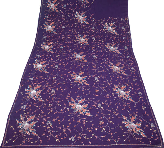 Sushila Vintage HEAVY Purple Saree Pure Georgette Sequins Hand Work Sari Fabric