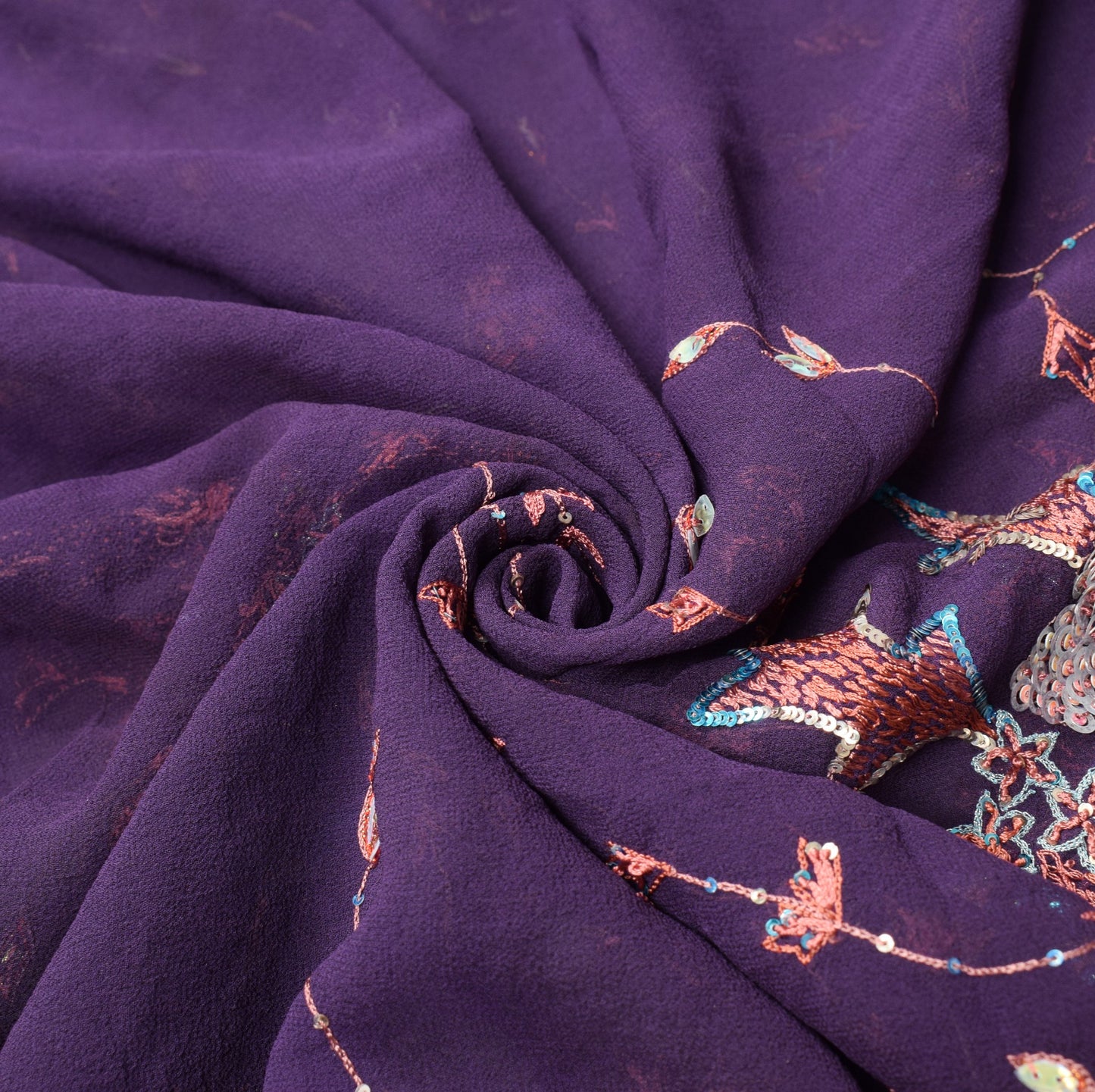 Sushila Vintage HEAVY Purple Saree Pure Georgette Sequins Hand Work Sari Fabric