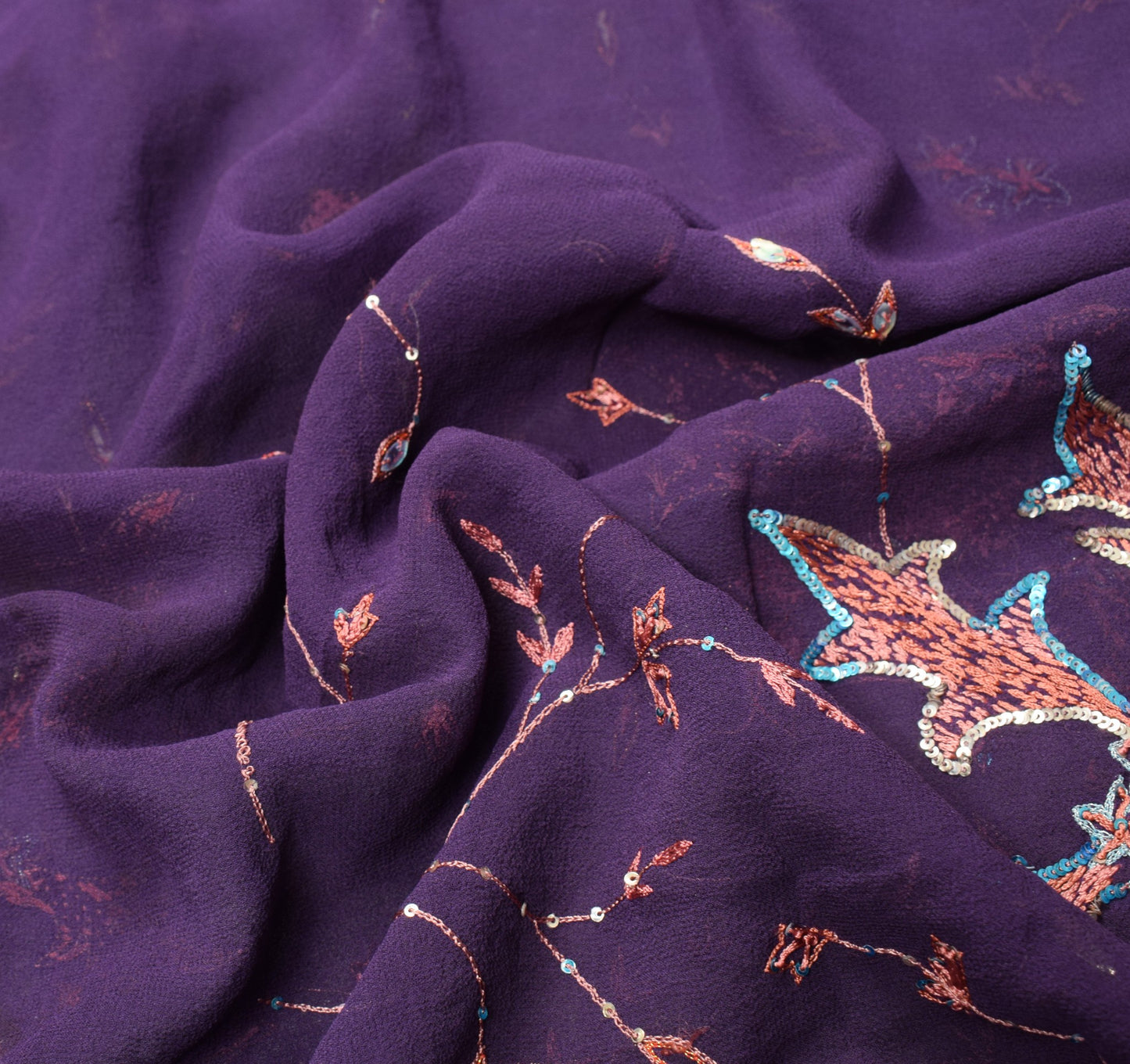 Sushila Vintage HEAVY Purple Saree Pure Georgette Sequins Hand Work Sari Fabric