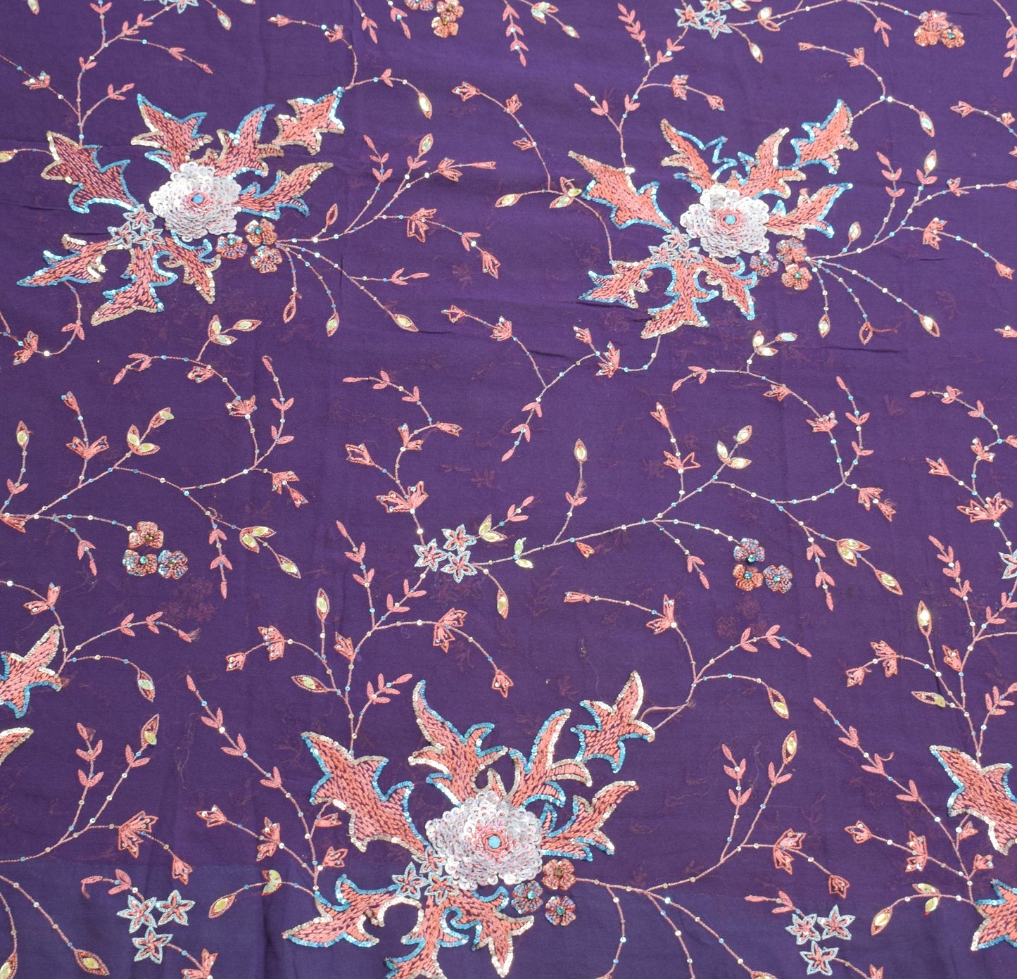 Sushila Vintage HEAVY Purple Saree Pure Georgette Sequins Hand Work Sari Fabric