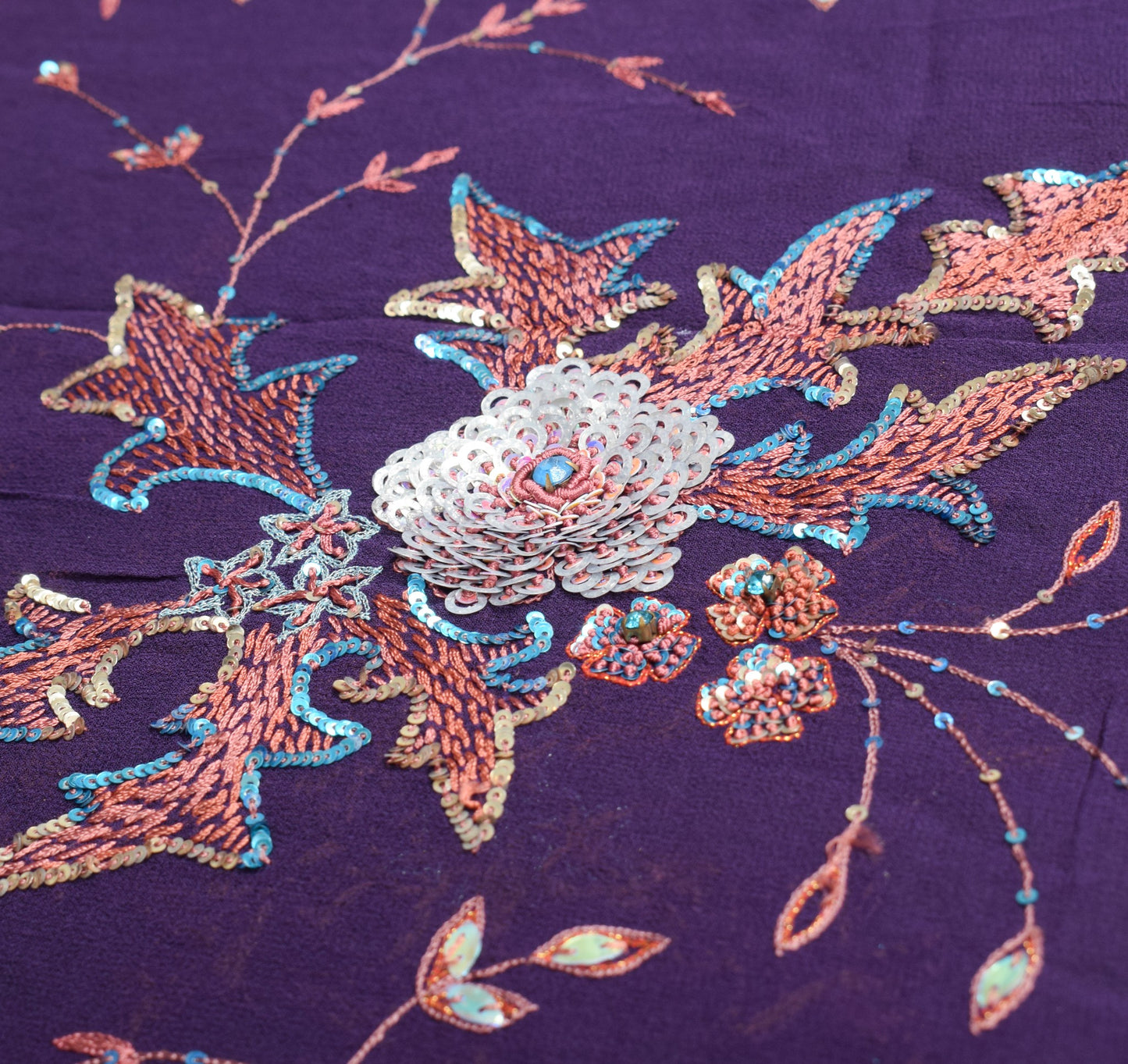Sushila Vintage HEAVY Purple Saree Pure Georgette Sequins Hand Work Sari Fabric