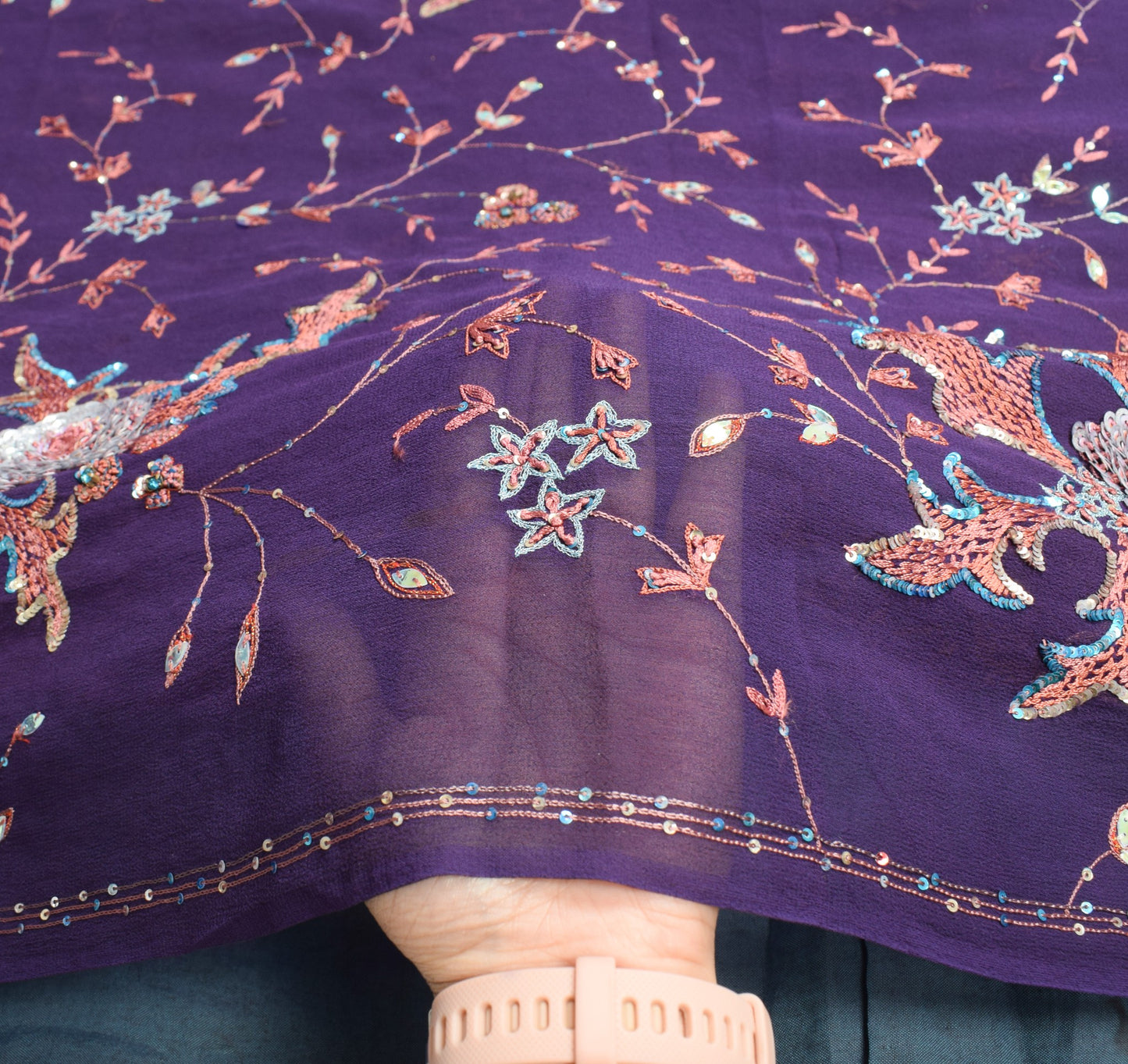 Sushila Vintage HEAVY Purple Saree Pure Georgette Sequins Hand Work Sari Fabric