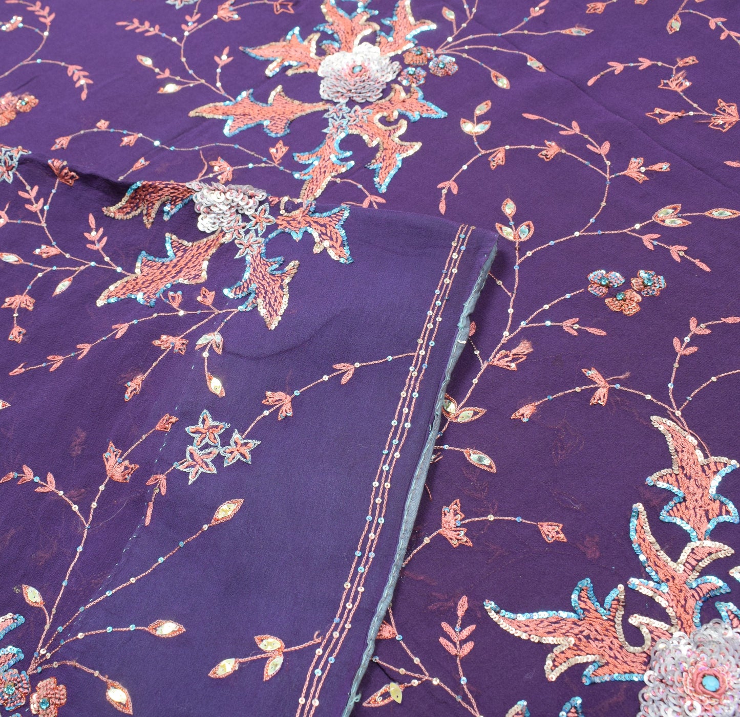 Sushila Vintage HEAVY Purple Saree Pure Georgette Sequins Hand Work Sari Fabric
