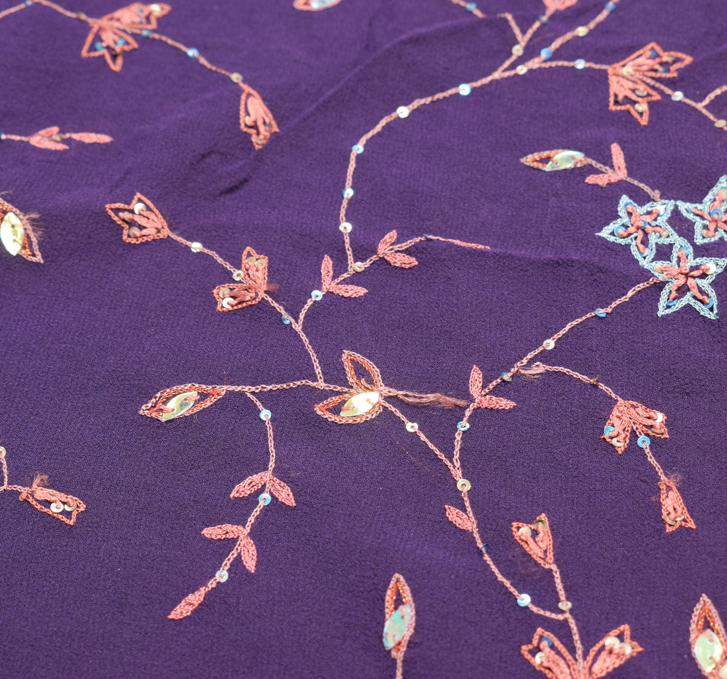 Sushila Vintage HEAVY Purple Saree Pure Georgette Sequins Hand Work Sari Fabric