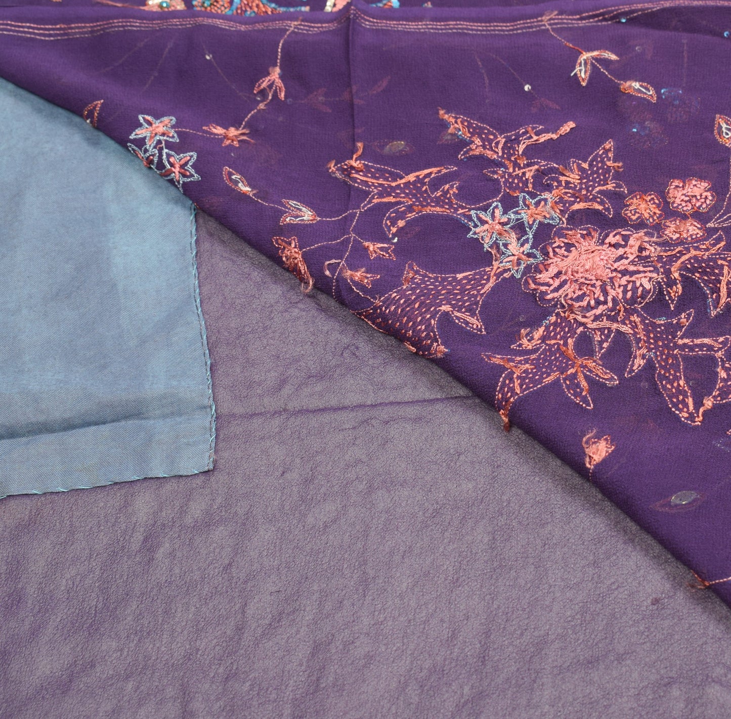 Sushila Vintage HEAVY Purple Saree Pure Georgette Sequins Hand Work Sari Fabric
