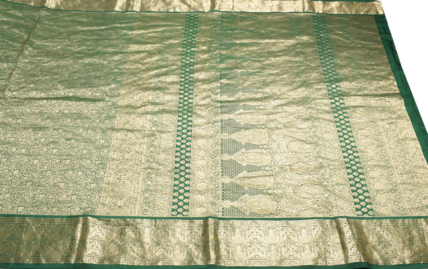 Sushila Vintage Green Banarasi Brocade Saree Pure Silk Gold Zari HEAVY 5YD Sari