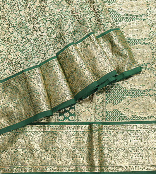 Sushila Vintage Green Banarasi Brocade Saree Pure Silk Gold Zari HEAVY 5YD Sari