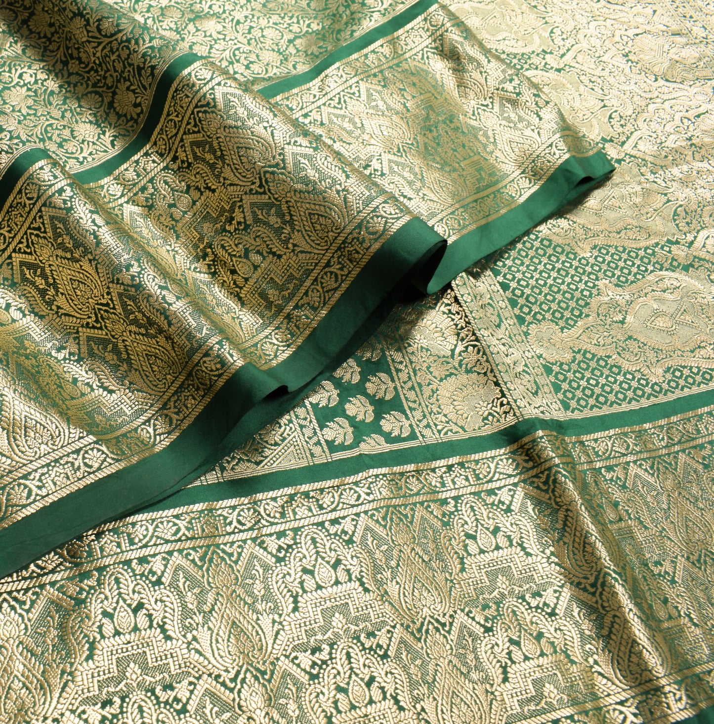 Sushila Vintage Green Banarasi Brocade Saree Pure Silk Gold Zari HEAVY 5YD Sari