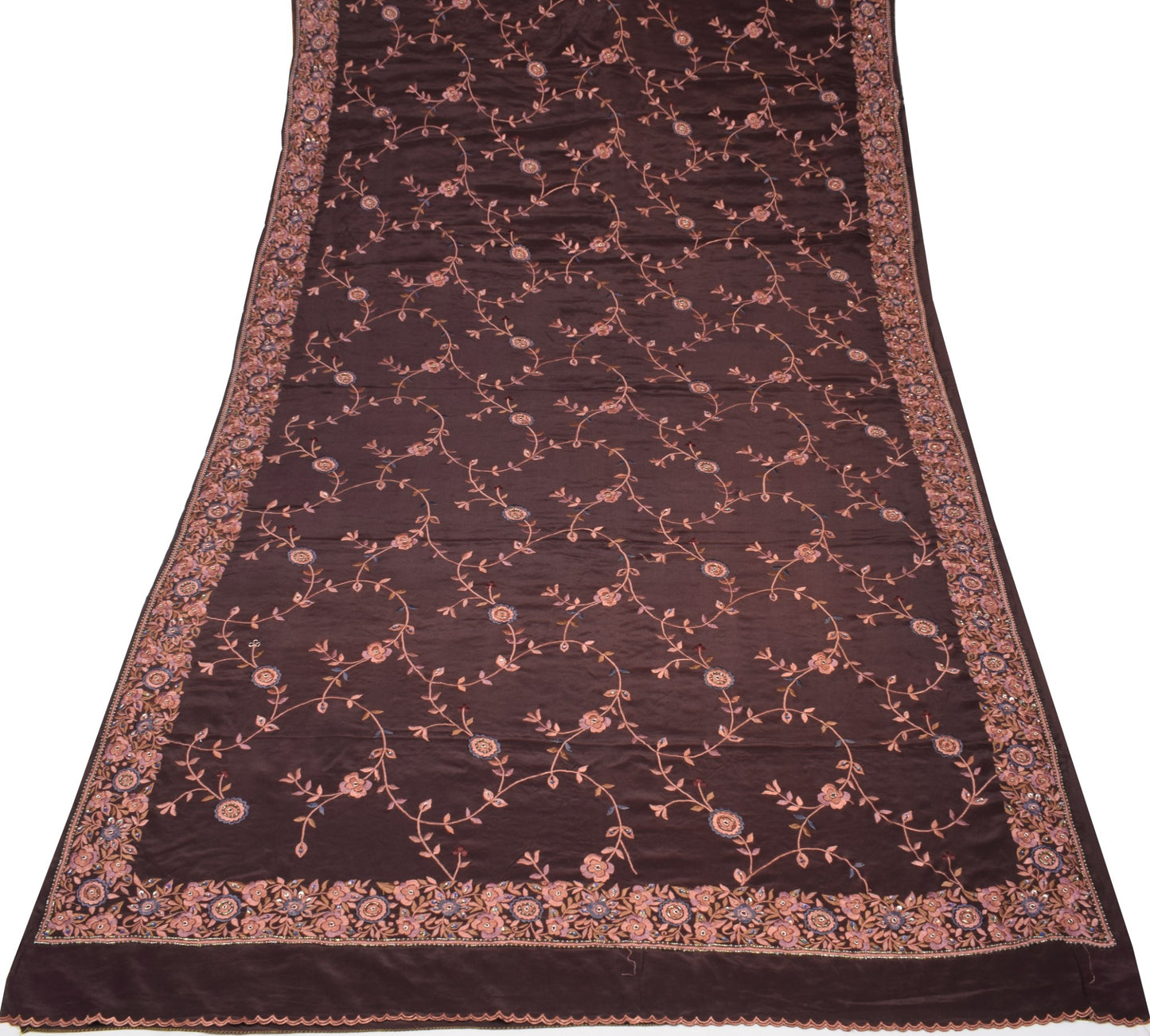 Sushila Vintage Parsi Gara Embroidered Saree Pure Crepe HEAVY Brown Sari Fabric