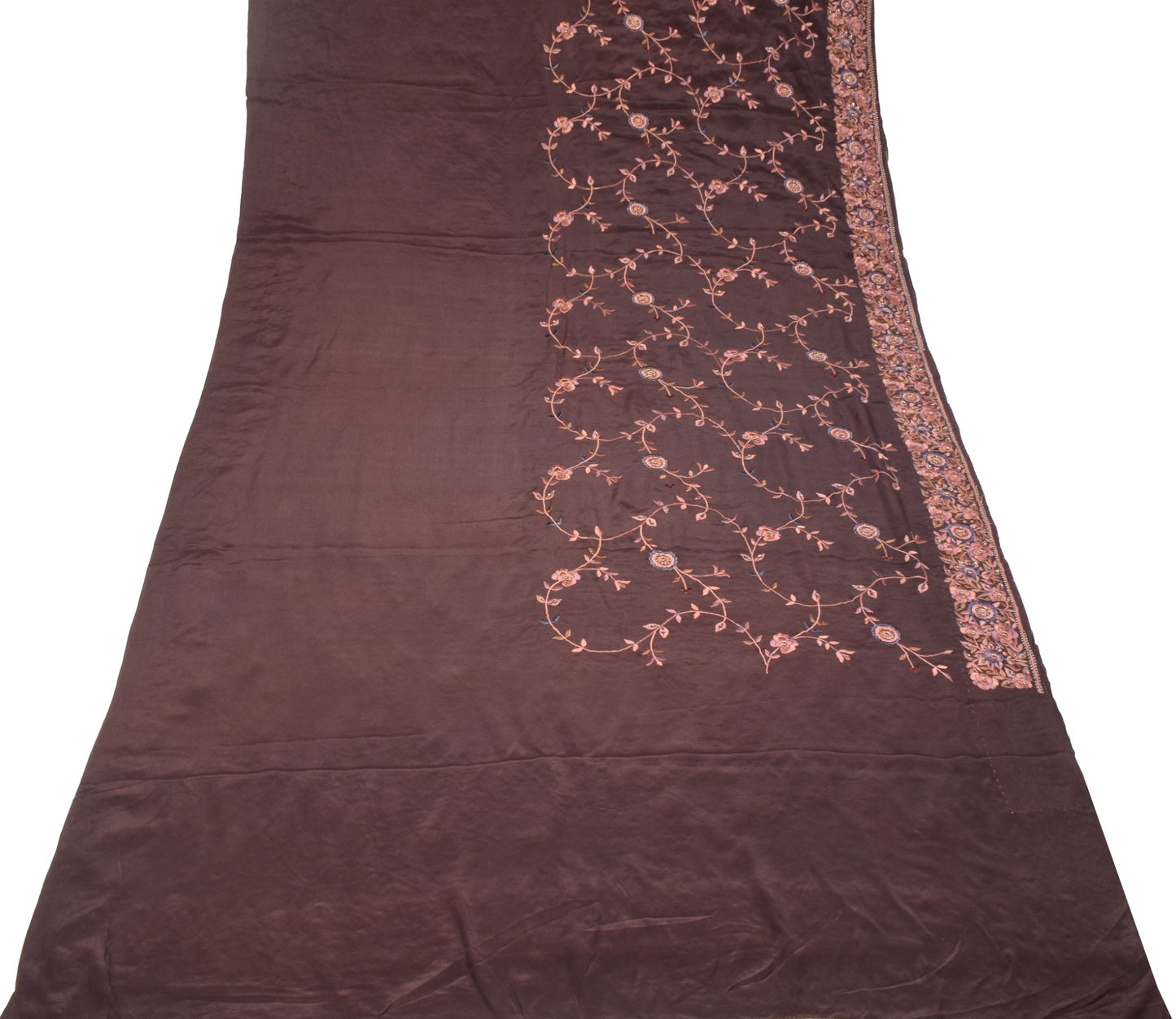 Sushila Vintage Parsi Gara Embroidered Saree Pure Crepe HEAVY Brown Sari Fabric