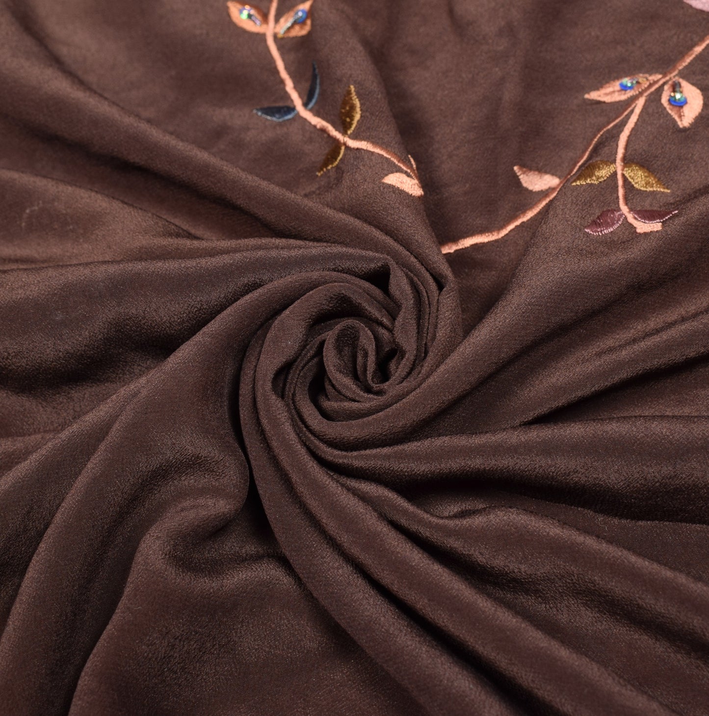 Sushila Vintage Parsi Gara Embroidered Saree Pure Crepe HEAVY Brown Sari Fabric
