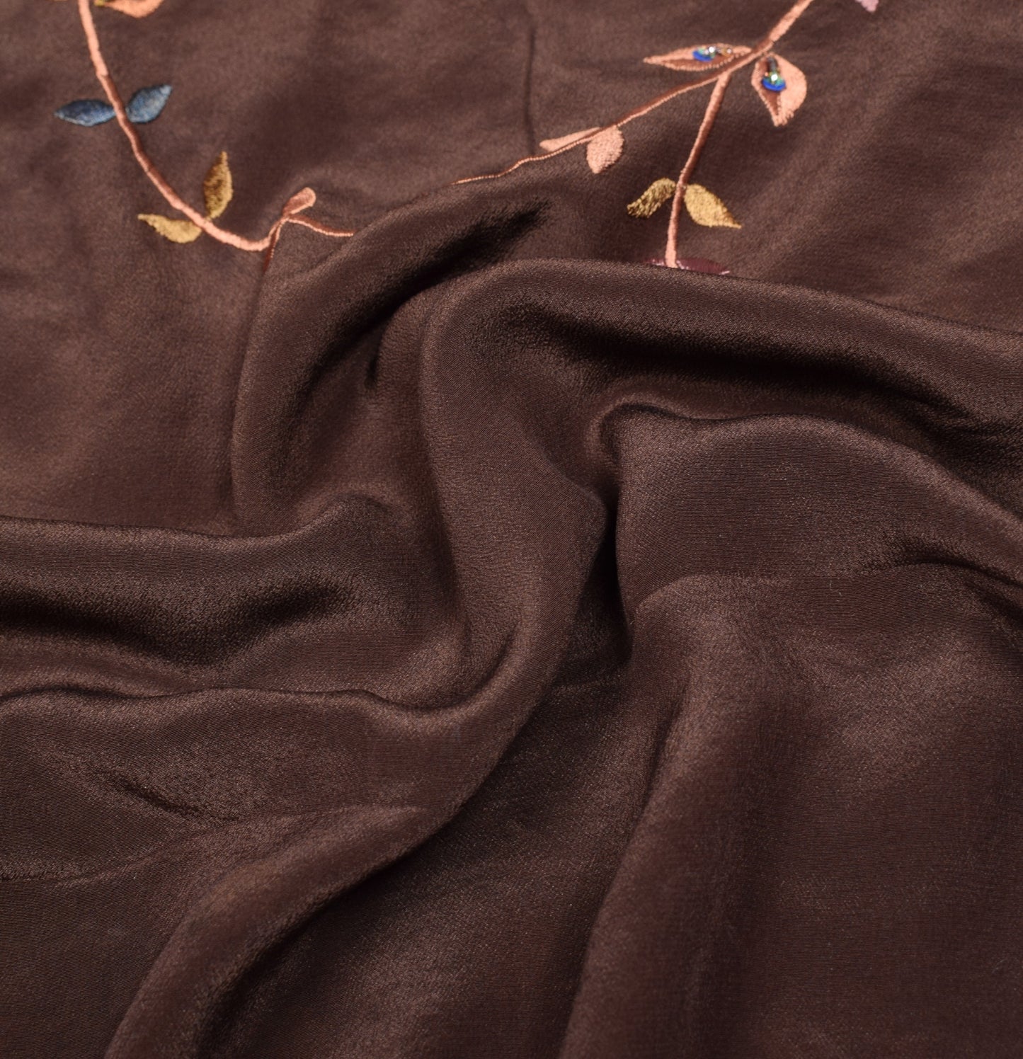 Sushila Vintage Parsi Gara Embroidered Saree Pure Crepe HEAVY Brown Sari Fabric