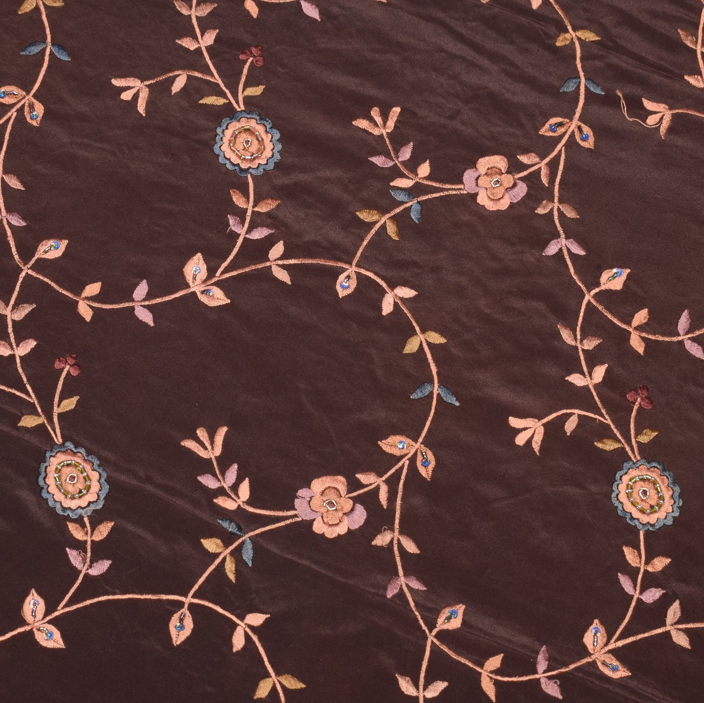 Sushila Vintage Parsi Gara Embroidered Saree Pure Crepe HEAVY Brown Sari Fabric