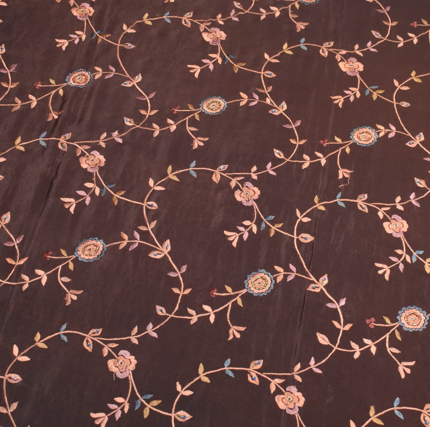 Sushila Vintage Parsi Gara Embroidered Saree Pure Crepe HEAVY Brown Sari Fabric